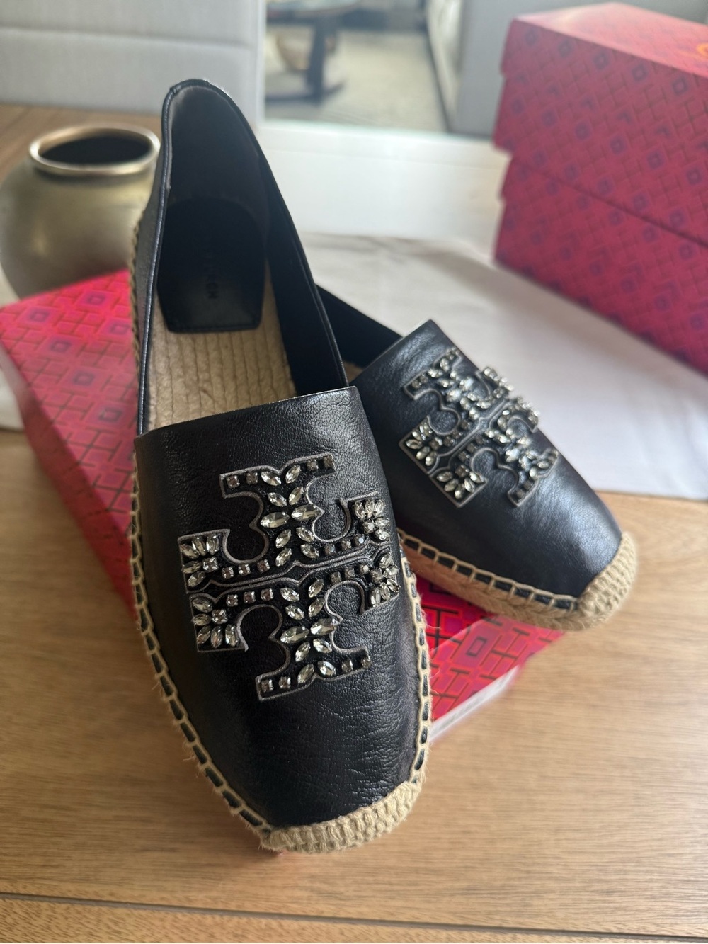Tory Burch Black Leather Espadrille with Jeweled Logo